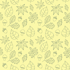 Green outline autumn leaves. Seamless pattern on pastel background. Botanical seamless background.