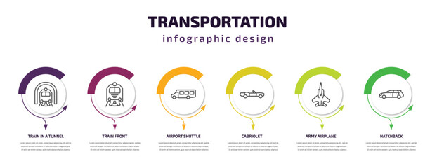 transportation infographic template with icons and 6 step or option. transportation icons such as train in a tunnel, train front, airport shuttle, cabriolet, army airplane, hatchback vector. can be