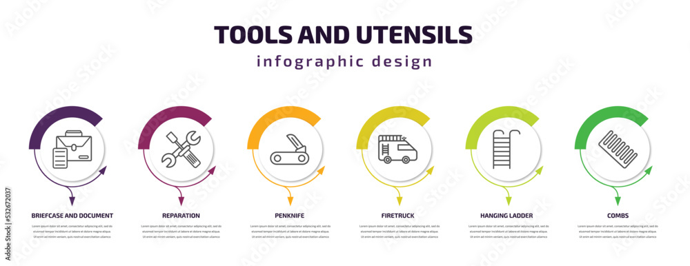 Poster tools and utensils infographic template with icons and 6 step or option. tools and utensils icons su