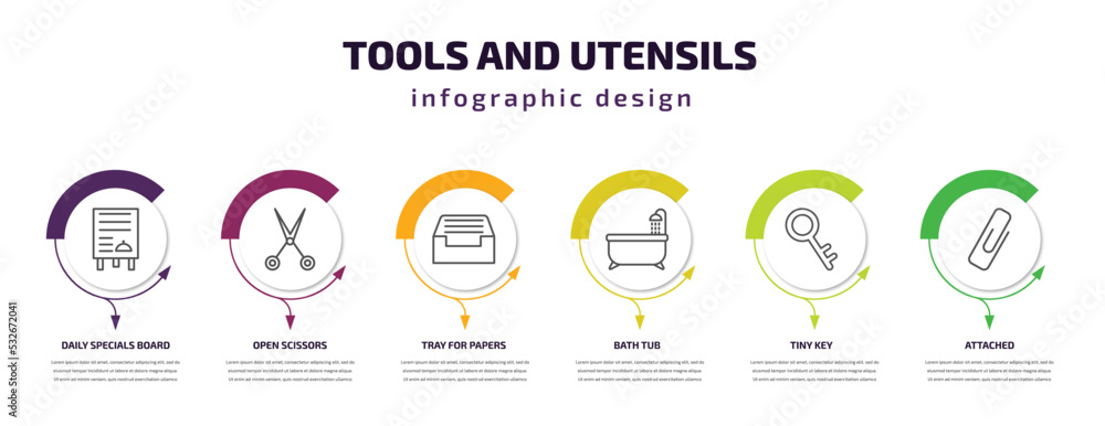 Poster tools and utensils infographic template with icons and 6 step or option. tools and utensils icons su