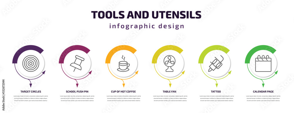 Poster tools and utensils infographic template with icons and 6 step or option. tools and utensils icons su