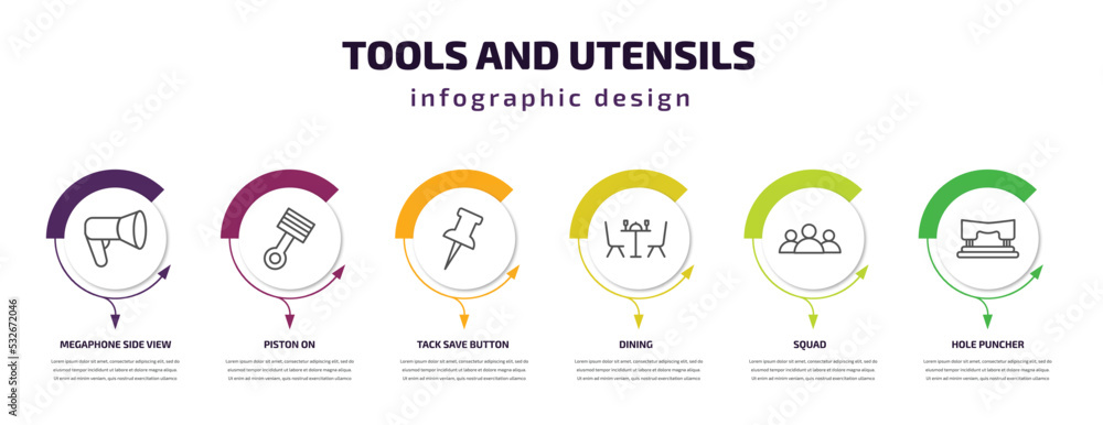 Poster tools and utensils infographic template with icons and 6 step or option. tools and utensils icons su