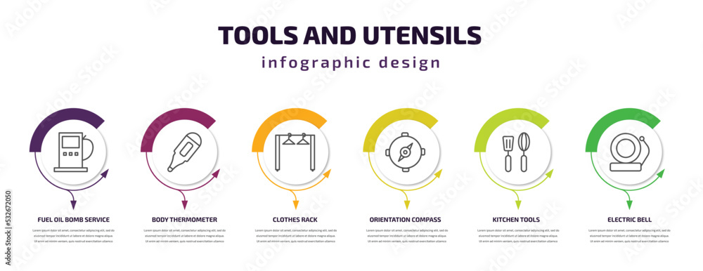 Poster tools and utensils infographic template with icons and 6 step or option. tools and utensils icons su