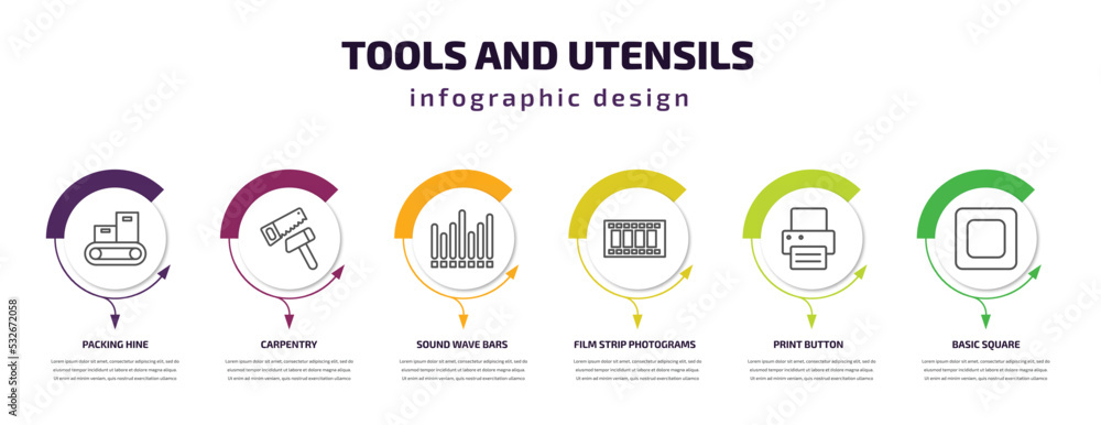 Poster tools and utensils infographic template with icons and 6 step or option. tools and utensils icons su