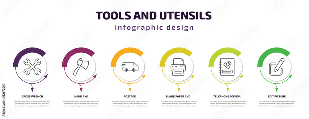 Poster tools and utensils infographic template with icons and 6 step or option. tools and utensils icons su