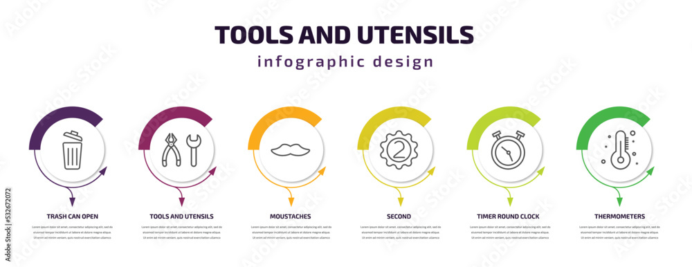 Poster tools and utensils infographic template with icons and 6 step or option. tools and utensils icons su