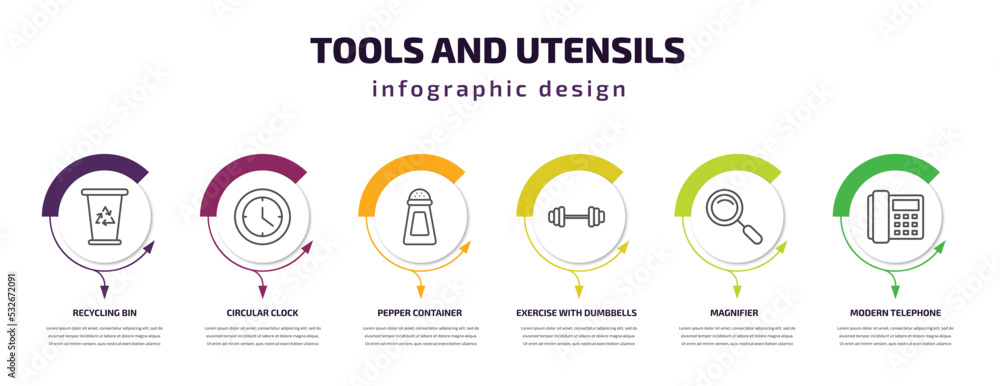 Poster tools and utensils infographic template with icons and 6 step or option. tools and utensils icons su