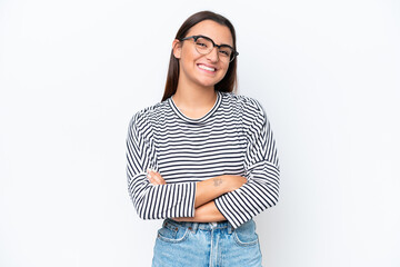 Young caucasian woman isolated on white background keeping the arms crossed in frontal position