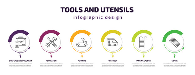 tools and utensils infographic template with icons and 6 step or option. tools and utensils icons such as briefcase document, reparation, penknife, firetruck, hanging ladder, combs vector. can be