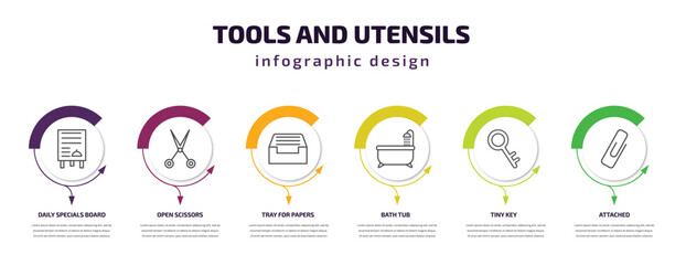 Fototapeta premium tools and utensils infographic template with icons and 6 step or option. tools and utensils icons such as daily specials board, open scissors, tray for papers, bath tub, tiny key, attached vector.
