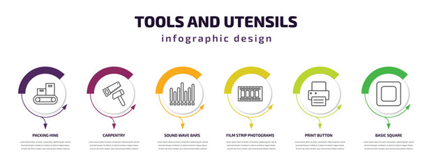 tools and utensils infographic template with icons and 6 step or option. tools and utensils icons such as packing hine, carpentry, sound wave bars, film strip photograms, print button, basic square