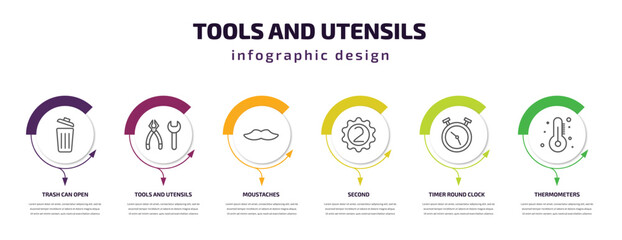 Fototapeta premium tools and utensils infographic template with icons and 6 step or option. tools and utensils icons such as trash can open, tools utensils, moustaches, second, timer round clock, thermometers vector.