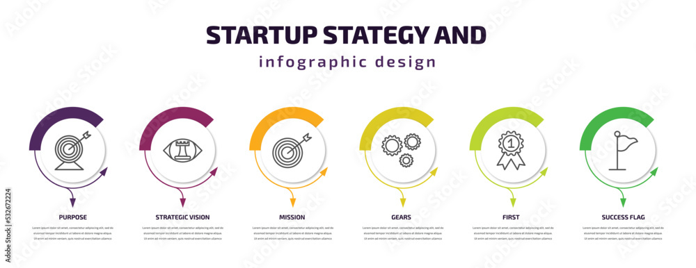 Poster startup stategy and infographic template with icons and 6 step or option. startup stategy and icons 