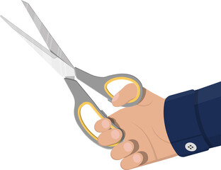 Scissors with grey plastic handles in hand.