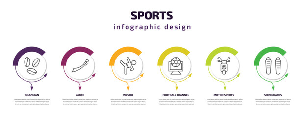 sports infographic template with icons and 6 step or option. sports icons such as brazilian, saber, wushu, football channel, motor sports, shin guards vector. can be used for banner, info graph,