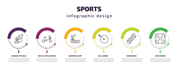 sports infographic template with icons and 6 step or option. sports icons such as winning the race, bicycle for children, swimming jump, ball arrow, snowboard, game board vector. can be used for