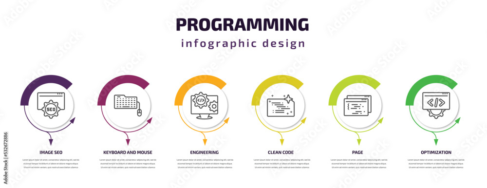 Poster programming infographic template with icons and 6 step or option. programming icons such as image se