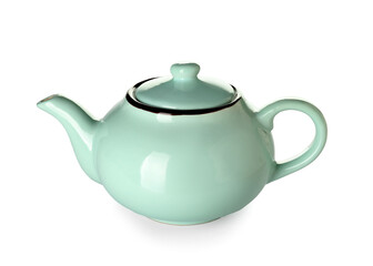 Stylish ceramic teapot on white background