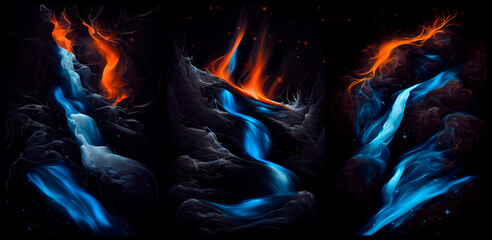 Shining blue ice, the light of blue lava under the ice. Abstract background as a concept of the fight between ice and flame.