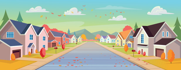 Suburban houses, street with cottages with garages an autumn. A street of houses with yellow trees and a road in perspective. Village. Vector illustration in cartoon style. © NADEZHDA