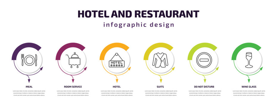 hotel and restaurant infographic template with icons and 6 step or option. hotel and restaurant icons such as meal, room service, hotel, suits, do not disturb, wine glass vector. can be used for