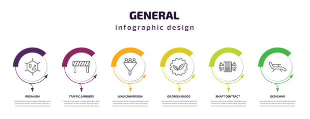 general infographic template with icons and 6 step or option. general icons such as organism, traffic barriers, lead conversion, go green badge, smart contract, deckchair vector. can be used for