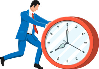 Businessman pushing big clock.