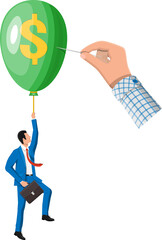 Businessman flying balloon and hand with needle