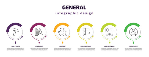 general infographic template with icons and 6 step or option. general icons such as nail puller, hr policies, chat bot, building crane, active sensor, impeachment vector. can be used for banner,