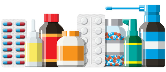 Set of bottles, tablets, pills, capsules and spray