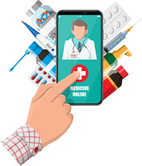 Hand holding phone with internet pharmacy app