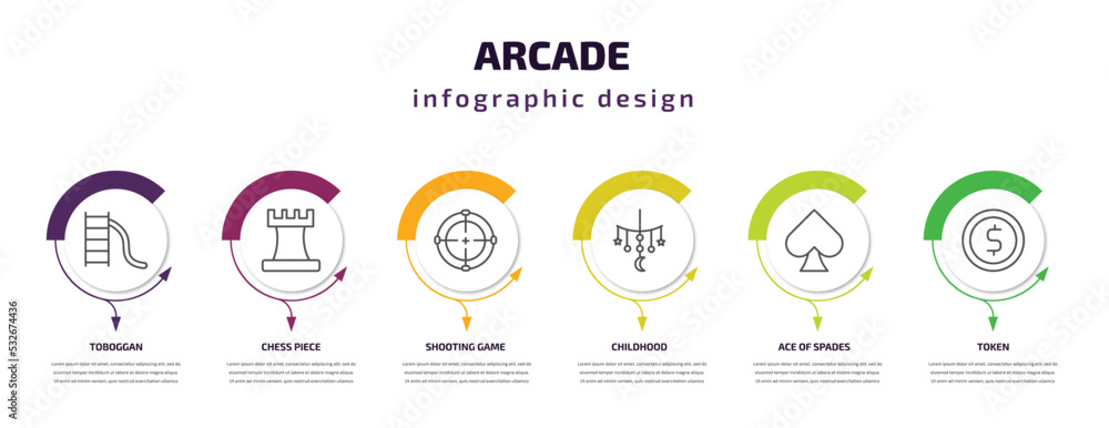 Poster arcade infographic template with icons and 6 step or option. arcade icons such as toboggan, chess pi