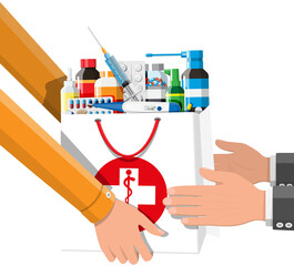 Set of bottles, tablets, pills, pharmacy delivery