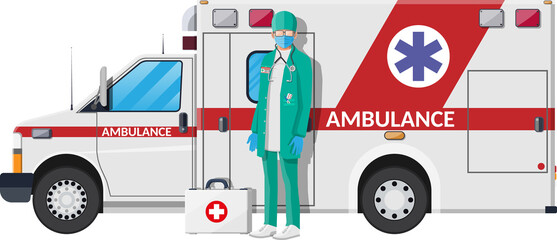 Naklejka premium Ambulance staff concept. Car and doctor