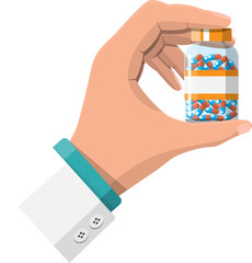 Bottle of capsules in hand of doctor.