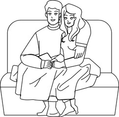 couple watching tv line pencil drawing vector. home television, sofa man woman, couch movie couple watching tv character. people Illustration