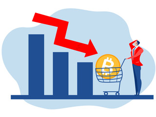 Businessman stress Bitcoin price down stock market bitcoin price drop  diagram falling economic and financial crisis flat vector concept