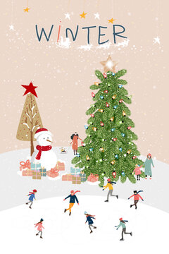Winter wonderland landscape background at night with people celebration and kids having fun at park in village.Vector illustration Cute cartoon for greeting card  or banner for Christmas or New Year
