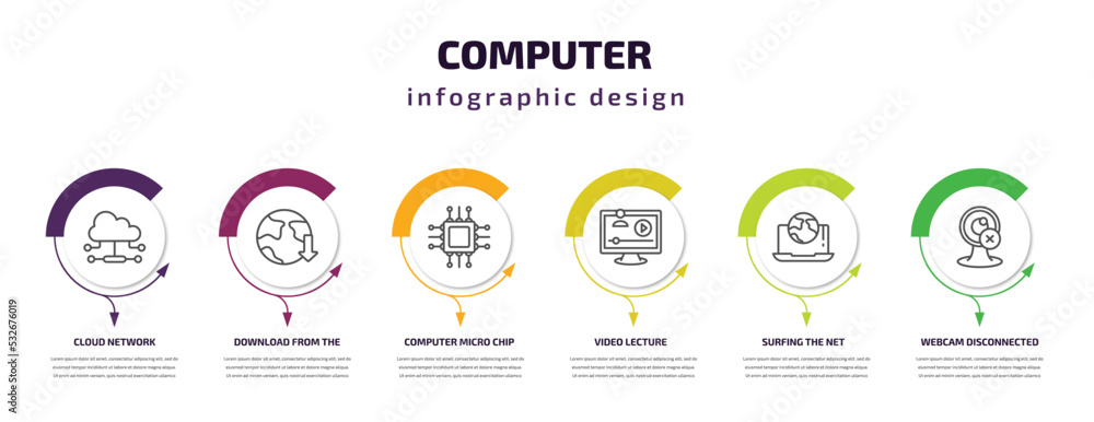 Poster computer infographic template with icons and 6 step or option. computer icons such as cloud network, download from the net, computer micro chip, video lecture, surfing the net, webcam disconnected