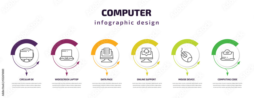 Aufkleber computer infographic template with icons and 6 step or option. computer icons such as circular de, w