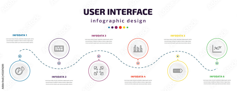 Poster user interface infographic element with icons and 6 step or option. user interface icons such as sha