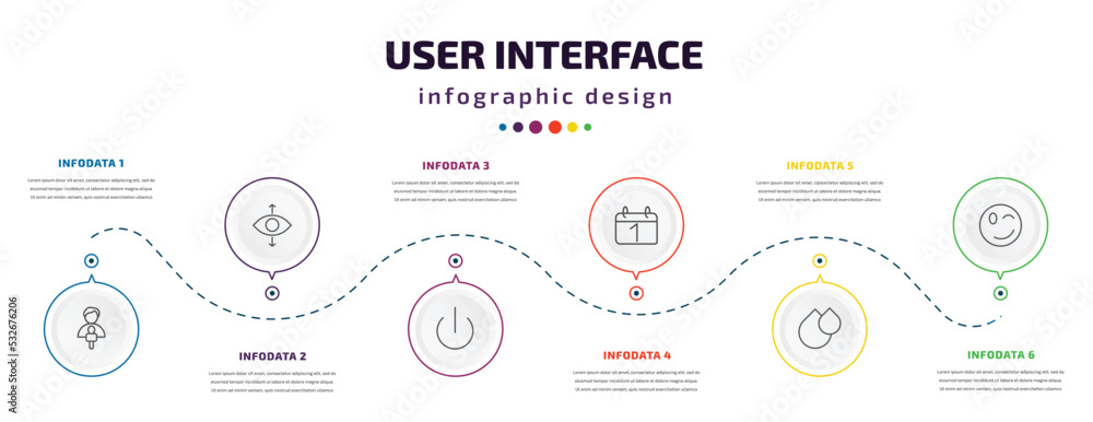Poster user interface infographic element with icons and 6 step or option. user interface icons such as new