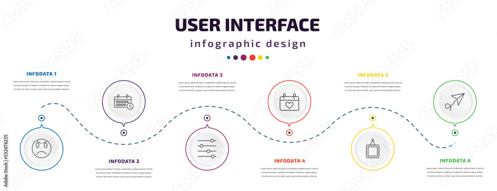 Poster user interface infographic element with icons and 6 step or option. user interface icons such as ang