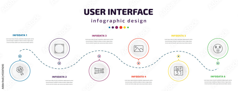 Poster user interface infographic element with icons and 6 step or option. user interface icons such as wor