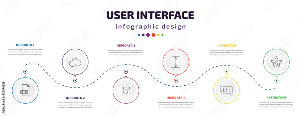 Poster user interface infographic element with icons and 6 step or option. user interface icons such as zip