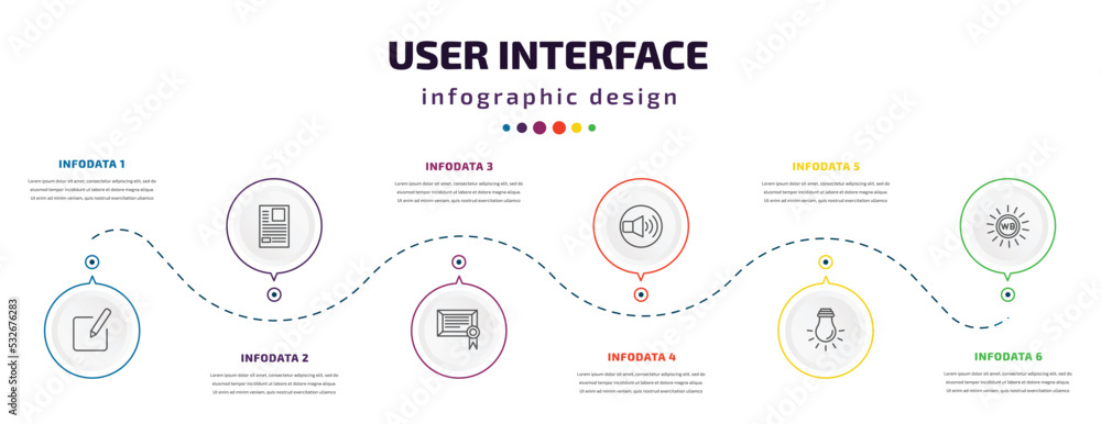 Poster user interface infographic element with icons and 6 step or option. user interface icons such as edit button, news report, digital certificate, volume button, tungsten, white balance vector. can be