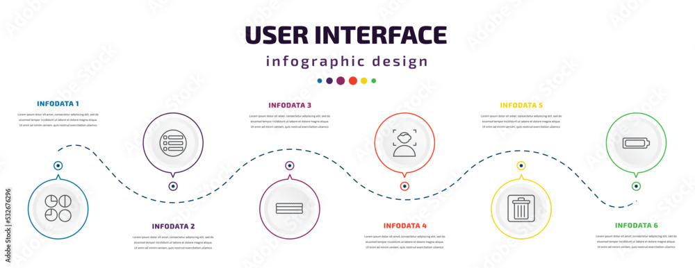 Poster user interface infographic element with icons and 6 step or option. user interface icons such as rou