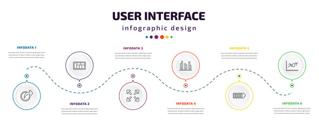 user interface infographic element with icons and 6 step or option. user interface icons such as share, layout, full screen, data analytics bars, charging status, dual stream chart vector. can be