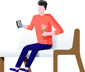 Character sitting on bench and surfing Internet