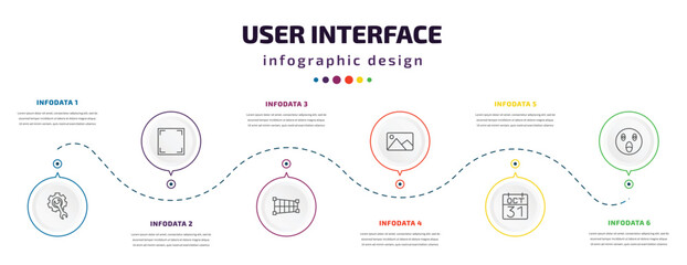user interface infographic element with icons and 6 step or option. user interface icons such as work tools, screen in white, crop perspective, images, octuber 31, shocked smile vector. can be used